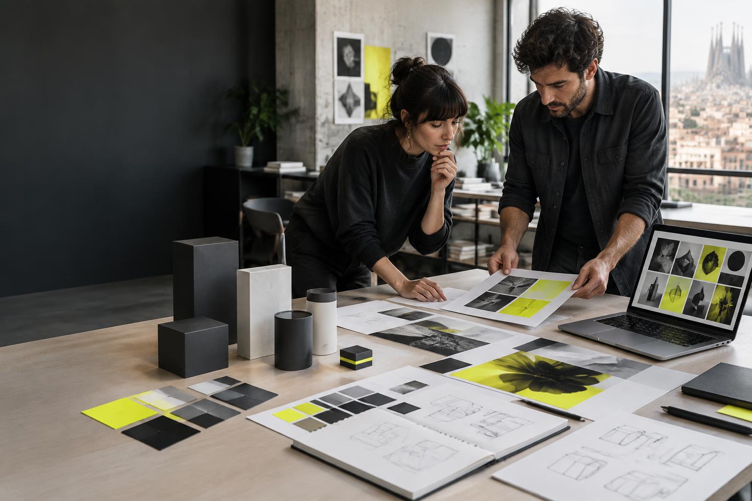 Equipo creativo revisando un sistema de identidad de marca