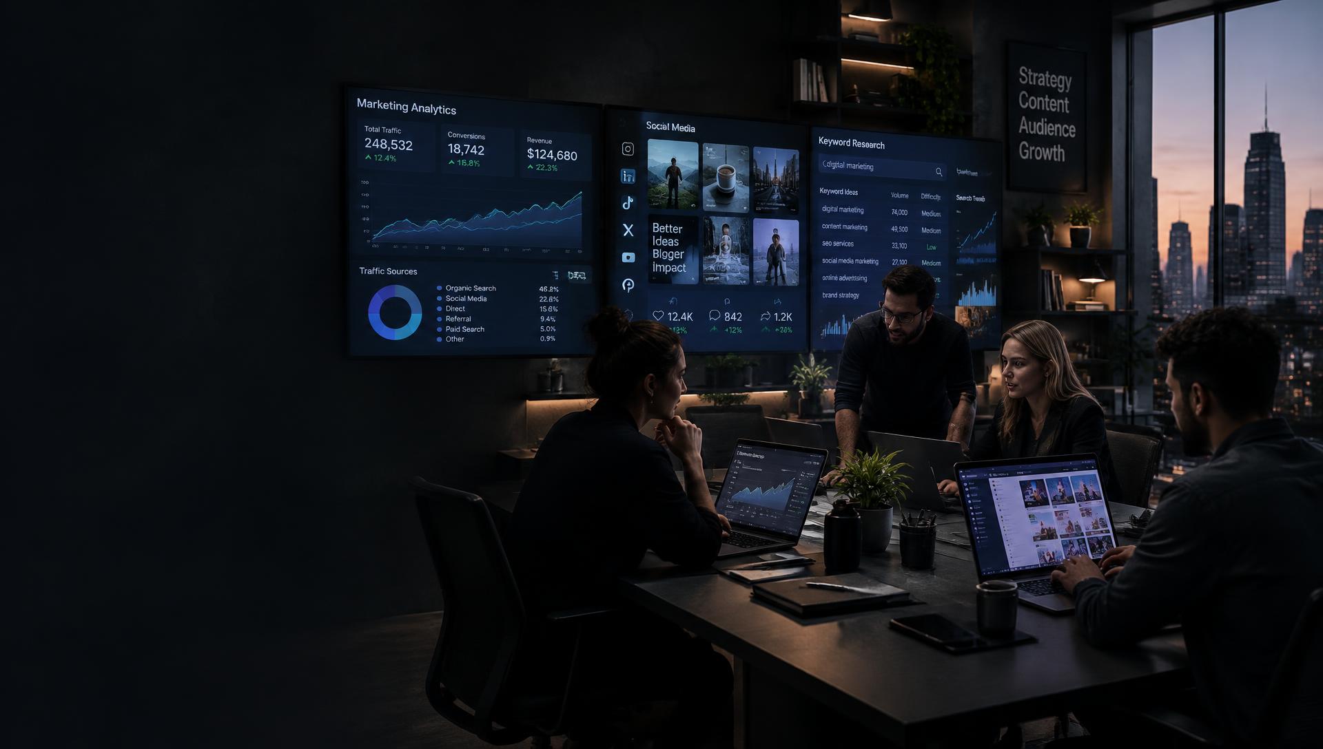 Equipo de marketing analizando datos y campañas con inteligencia artificial